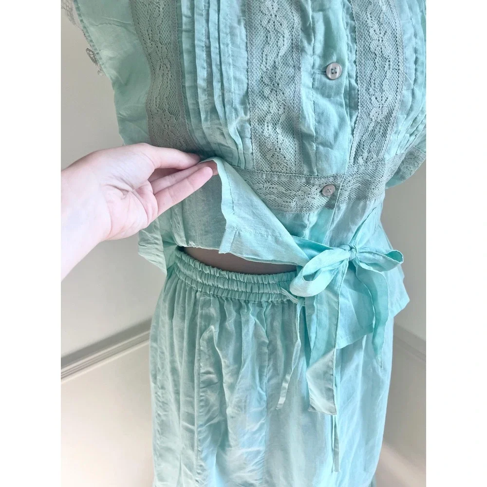 Vintage Chadia Victorian Two‎ Piece Blue Teal Lace Maxi Skirt and Blouse Set